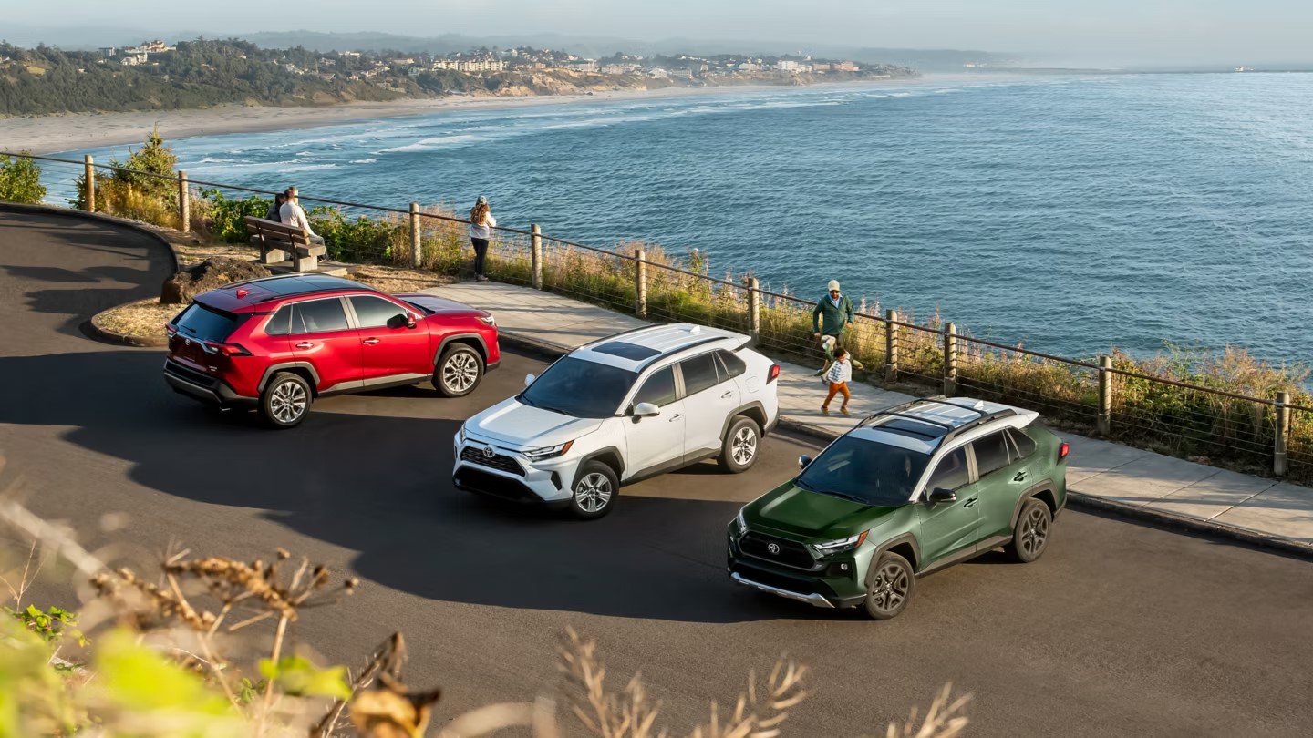 Three 2024 Toyota RAV4 Hybrids parked beside the beach